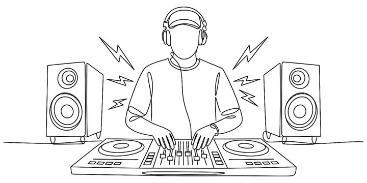 Continuous line drawing of a disc jockey operating a mixer with headphones and speakers Vector, illustration