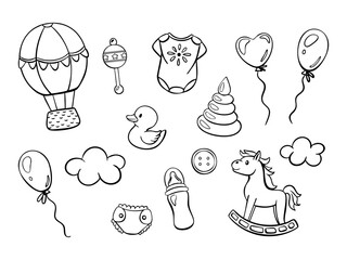 set of baby toy doodles nursery icons, playful monochrome line art showcasing hot air balloon, rattle