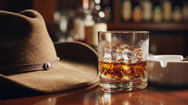Warm evening bar scene with whiskey glass and fedora hat on polished wooden table