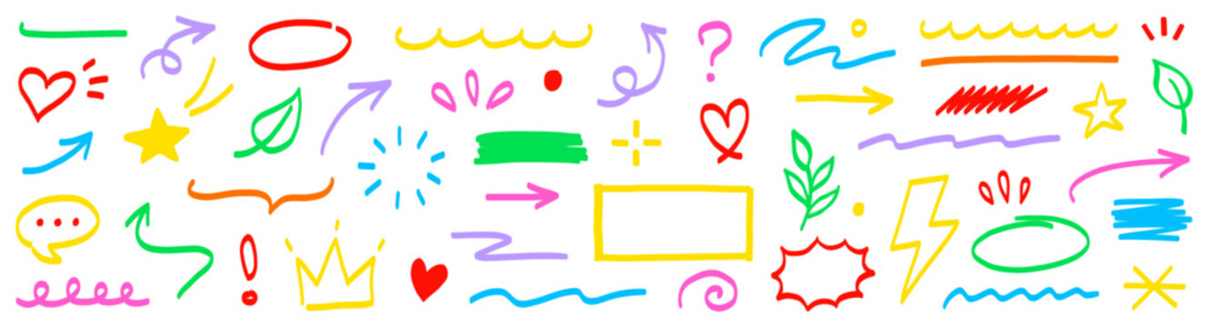 Marker line hand drawn arrow, highlight scribble set. Sketch color hand drawn marker line arrowbrush element shape graphic. Doodle scribble paint underline, circle frame icons. Vector illustration