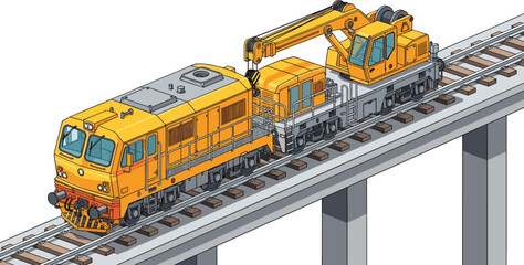 Isometric maintenance train with crane on elevated railway track, yellow construction locomotive on bridge, railway infrastructure vector illustration, industrial transport. © VectoVerse