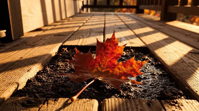 Autumnal Maple Leaf Lying on Wooden Deck, Warm Sunlight