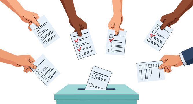 Diverse hands putting ballot papers into a voting box, election day vector illustration, democracy and social survey concept, people participating in government.