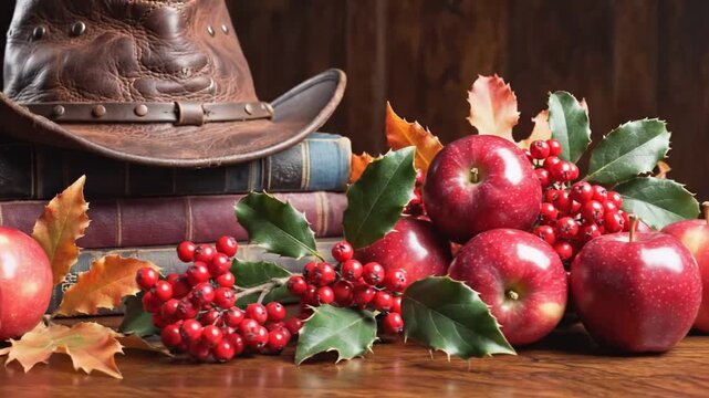 Festive autumn still life featuring apples holly berries and vintage cowboy hat and books