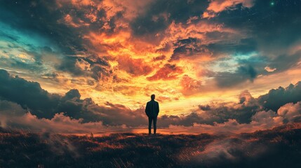 Obraz premium A lone figure stands on a hilltop, silhouetted against a dramatic, fiery sunset sky.
