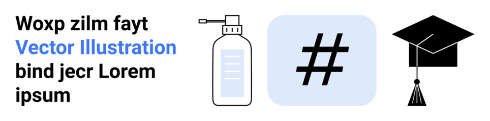 Fototapeta premium Sanitizer bottle, metadata tag block, and graduation cap representing education, cleanliness, and digital connection. Ideal for academics, online learning, social media, graduation ceremonies