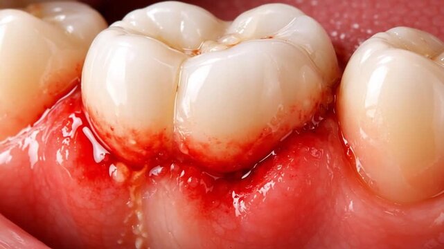 Bleeding gum dental care oral hygiene inflamed tooth pain red swollen gum disease closeup health warning sign encourage regular check dentist treatment prevention tooth gum bleeding dental care oral