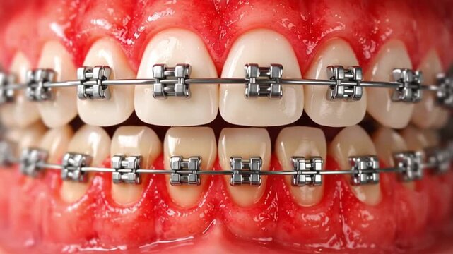 Dental care oral hygiene concept closeup mouth metal dental braces healthy teeth orthodontic treatment alignment modern dentistry clean gum health detailed medical background braces orthodontic teeth
