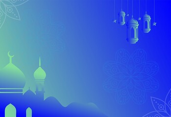 Islamic Background with Mosque Silhouette, Lanterns, and Mandala Patterns for Ramadan or Eid Mubarak