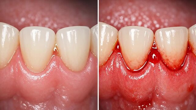 Healthy gum dental care oral hygiene concept comparison of clean pink gum and inflamed bleeding gum gingivitis inflammation plaque tartar tooth recession medical background prevention treatment