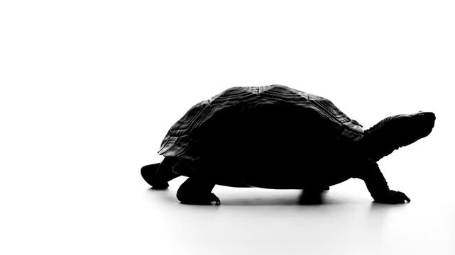 A black silhouette of a turtle walking on a white background, highlighting its shell