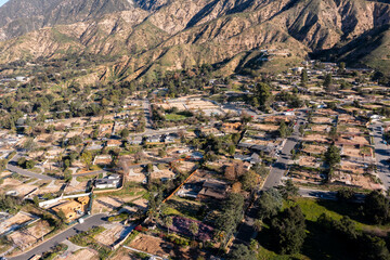 Drone view of empty lots of homes left behind from the Eaton fire, Pacific Palisades. January 2025, a series of 14 destructive wildfires affected the Los Angeles County in California, United States.