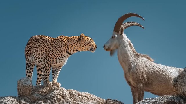Leopard and ibex facing each other on rocky terrain under clear blue sky