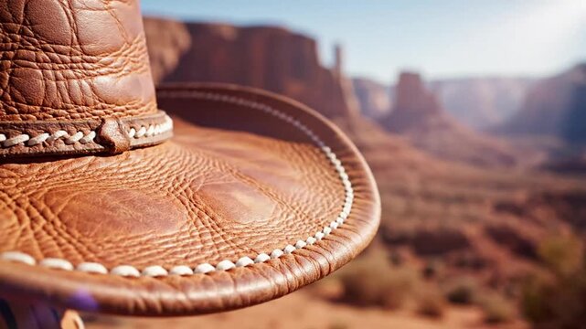 Close-up of a leather cowboy hat with stitched brim in a scenic desert landscape