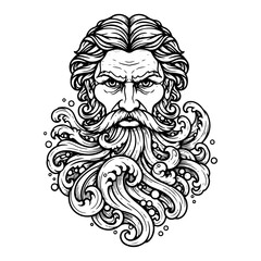 Poseidon or Neptune greek god head with beard transforming into ocean waves vector illustration