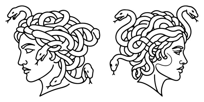 Medusa head profile with snakes hair vector illustration in line art style