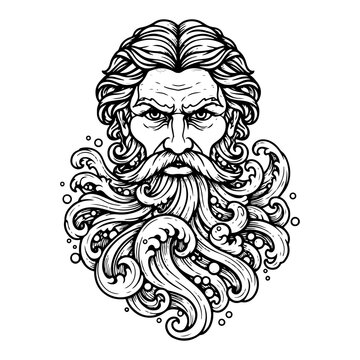 Poseidon or Neptune greek god head with beard transforming into ocean waves vector illustration