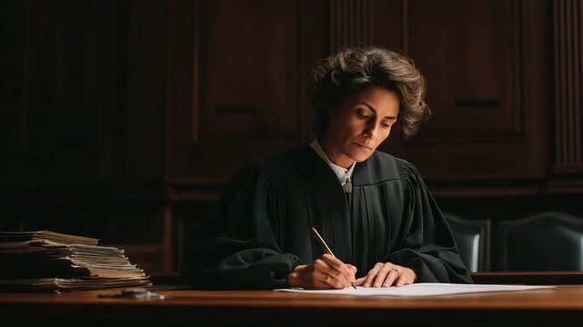 Judge writing in a legal document at a courtroom desk, law, justice, authority, and the judicial decision-making process.