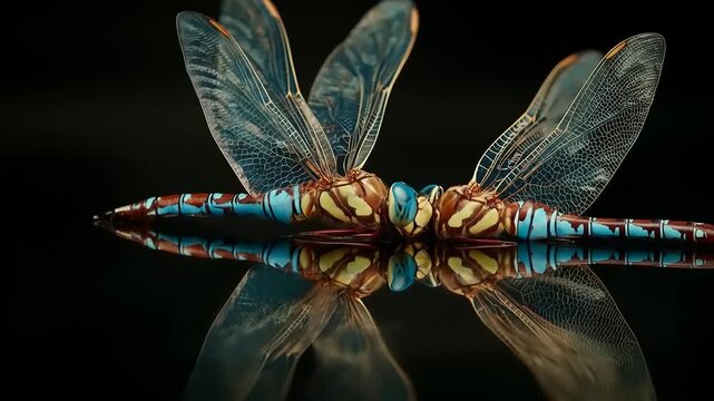 Close up of two dragonflies with intricate wing patterns on a reflective surface