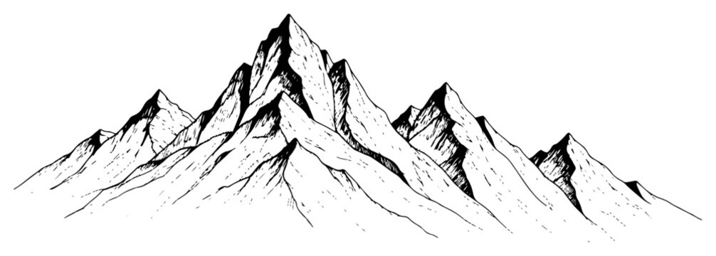Hand drawn mountain range vector illustration showing rocky peaks in vintage engraving style
