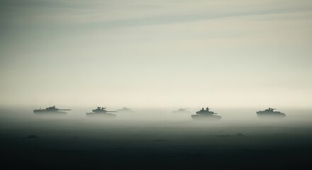 Obraz premium Military ships navigating through dense fog, showcasing war machinery in a tense atmosphere from a distant viewpoint