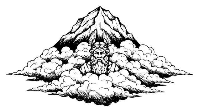 Bearded mythological god or ancient warrior face rising from clouds with mountain peak background