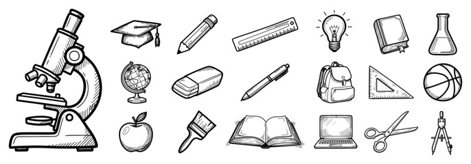 Hand drawn school supplies and education icons sketch set including microscope and books © Kaz