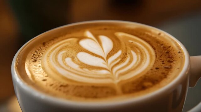 Creamy latte art leaf and heart pattern on frothy coffee cup foam in cozy cappuccino morning