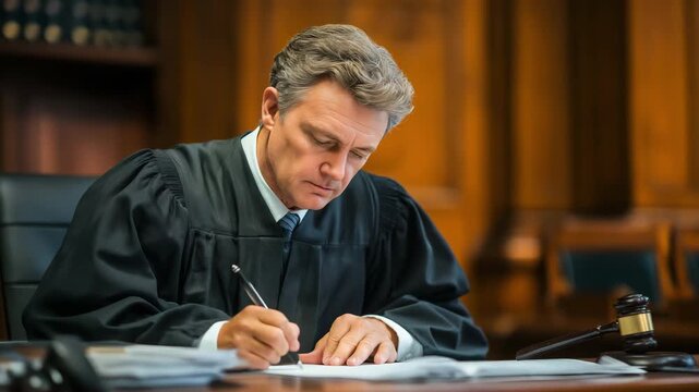Judge writing in a legal document at a courtroom desk, law, justice, authority, and the judicial decision-making process.