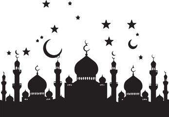 Islamic Ramadan pattern and mosque silhouette set for religious festival design with mosques stars and crescent moons isolated on white background 