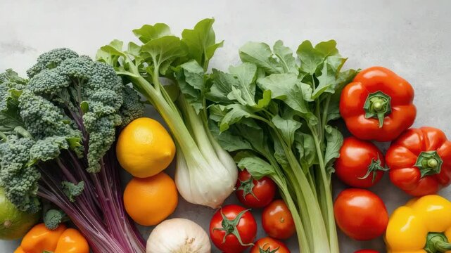 Fresh vegetables assortment broccoli fennel celery tomato bell pepper orange citrus vibrant produce