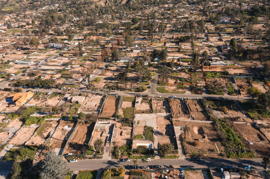 Drone view of empty lots of homes left behind from the Eaton fire, Pacific Palisades. January 2025, a series of 14 destructive wildfires affected the Los Angeles County in California, United States.