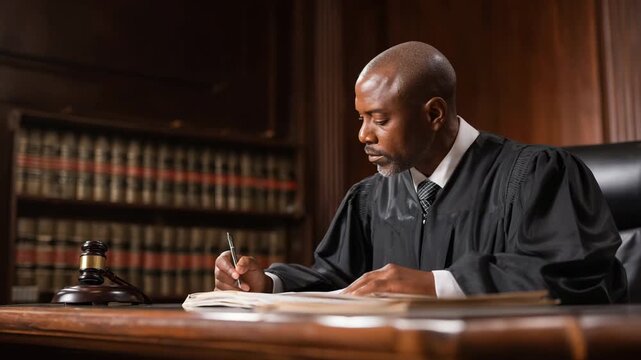 Judge writing in a legal document at a courtroom desk, law, justice, authority, and the judicial decision-making process.