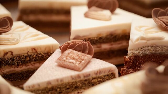 Creamy layered cake slice with chocolate square, rosette swirl and textured cream dessert slice