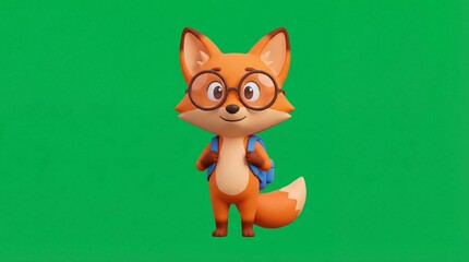 Fototapeta premium A cartoon fox wearing glasses and holding a book standing on a green background from a front viewpoint