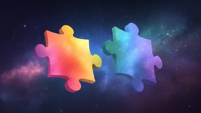 Colorful puzzle pieces floating against cosmic background