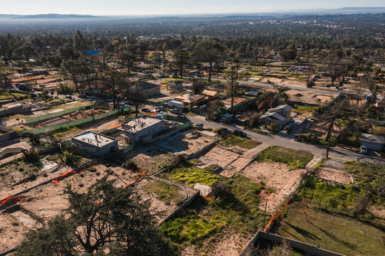 Drone view of empty lots of homes left behind from the Eaton fire, Pacific Palisades. January 2025, a series of 14 destructive wildfires affected the Los Angeles County in California, United States.