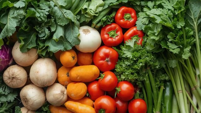 Fresh market vegetables with tomato pepper leafy green root vegetable parsley celery vibrant