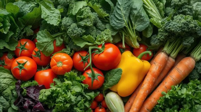 Ripe tomato bell pepper carrot kale spinach parsley fresh organic vegetables assortment with