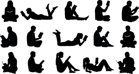 Collection of black silhouettes showing people reading books sitting and lying down isolated on white background for education and learning concepts © DALIARA 