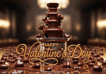 Happy Valentines Day Chocolate Fountain with Delicious Candies and Sweet Treats