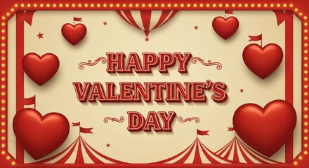 Happy Valentines Day Circus Themed Background with Red Hearts and Tents