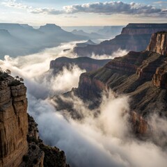 Misty Grand Canyon Layers Unveiled by Sunlight, Majestic Natural Landscape Vista
