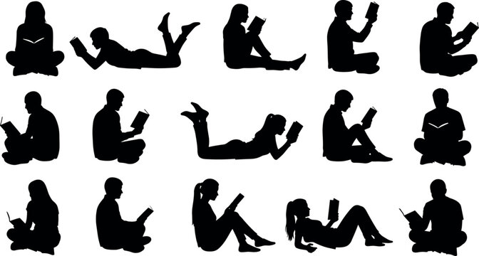 Collection of black silhouettes showing people reading books sitting and lying down isolated on white background for education and learning concepts