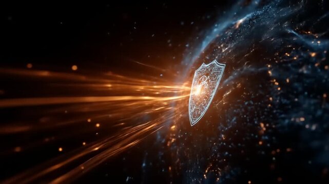 Digital shield with lock icon and energy rays on dark background