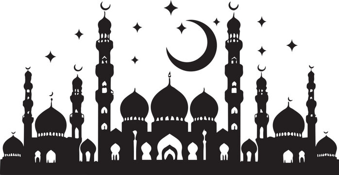 Islamic Ramadan pattern and mosque silhouette set for religious festival design with mosques stars and crescent moons isolated on white background 