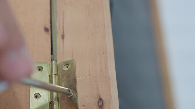Carpenter installing a brass hinge on wood