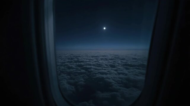 Moonlit cloudscape seen through airplane window at night with moonlight sky and drifting clouds