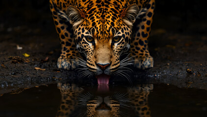 Obraz premium Intense Leopard Drinking Water with Perfect Reflection