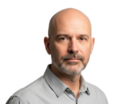 Portrait of a middleaged bald man with a short beard isolated on transparent background